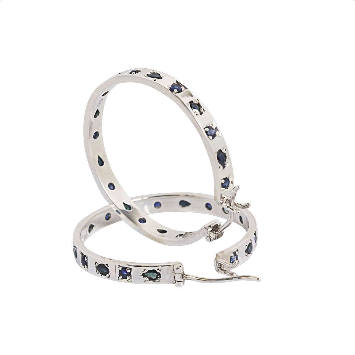 Large Gypsy hoop earrings in silver with sapphires